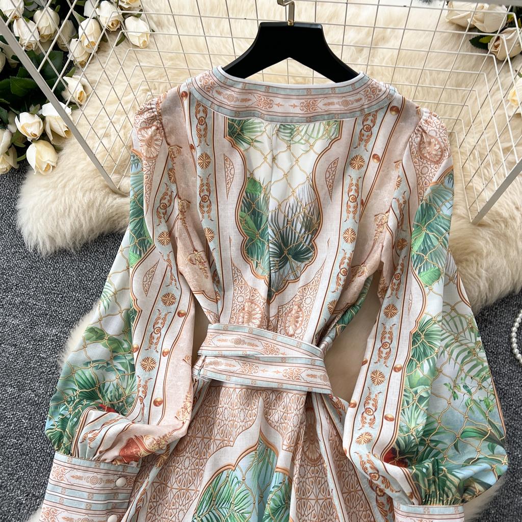 Spring Women Elegant V-neck Designer Print Runway Dress Long Maxi Lace-up Ruffles Holiday Party Dresses