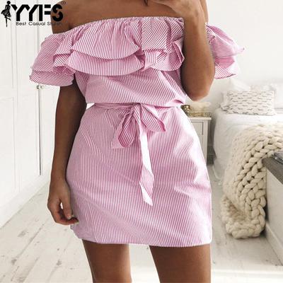 Vestiti casual da donna, a maniche corte, con stampa a righe, monospalla, a vita alta, estivi e primaverili