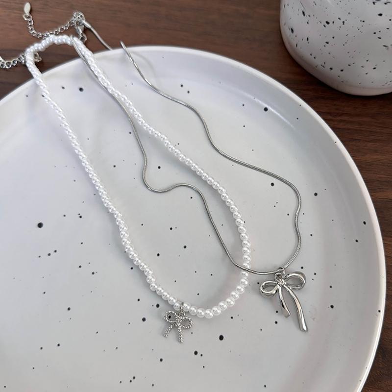 Stylish Beaded Necklace with Bowknot Pendant Choker Necklaces Fashionable Jewelry Gift Adjustable Chain for Women Girls