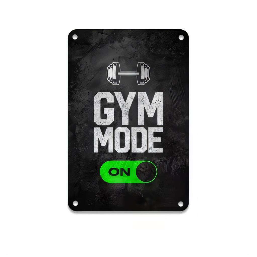Gym Mode On Tin Sign for Gym Wall Decor Workout Fitness Motivation Metal Plaque Dumbbell Barbell Quote Poster Vintage Indust
