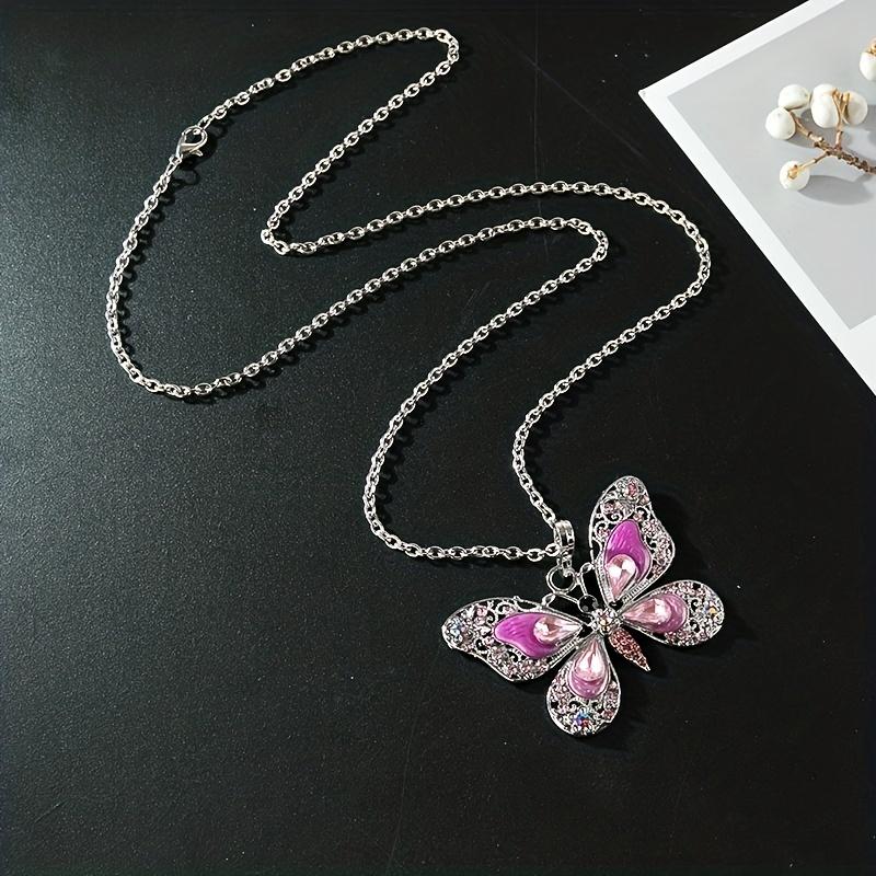 Retro Multicolor Rhinestones Butterfly Pendant Necklace Silver Plated Jewelry