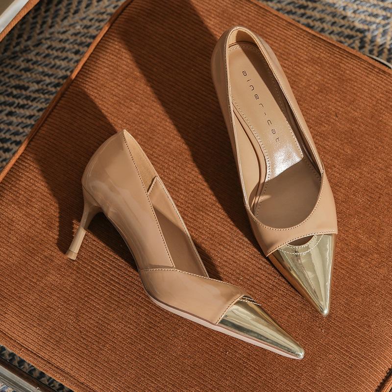 

62602 [овчина] туфли на высоком каблуке женские тонкие каблуки 2025 новый европейский и американский стиль светлый вырез острый носок цветовая гамма лакированные туфли 39