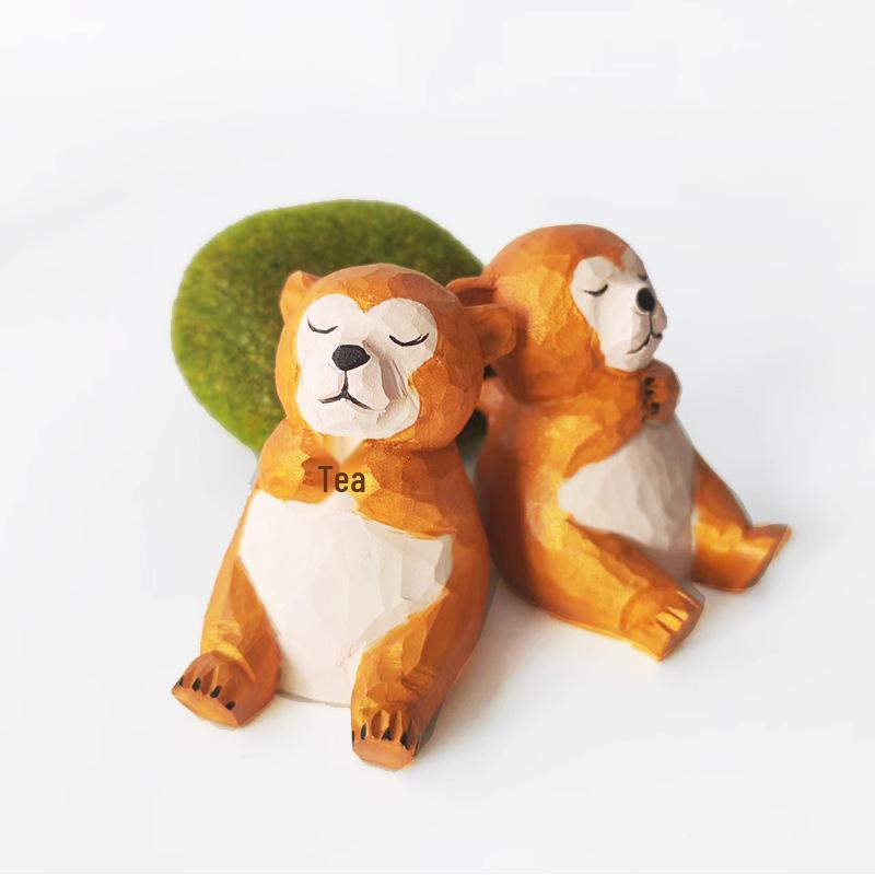 Golden Snub-nosed Monkey Handmade Solid Wood Carving - Small Animal Ornament for Living Room or Office Desk
