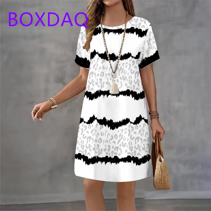 

Геометрическое полосатое платье для женщин, летнее платье-сарафан, свободное, повседневное, с коротким рукавом, с круглым вырезом, А-силуэт, женское, пляжное S