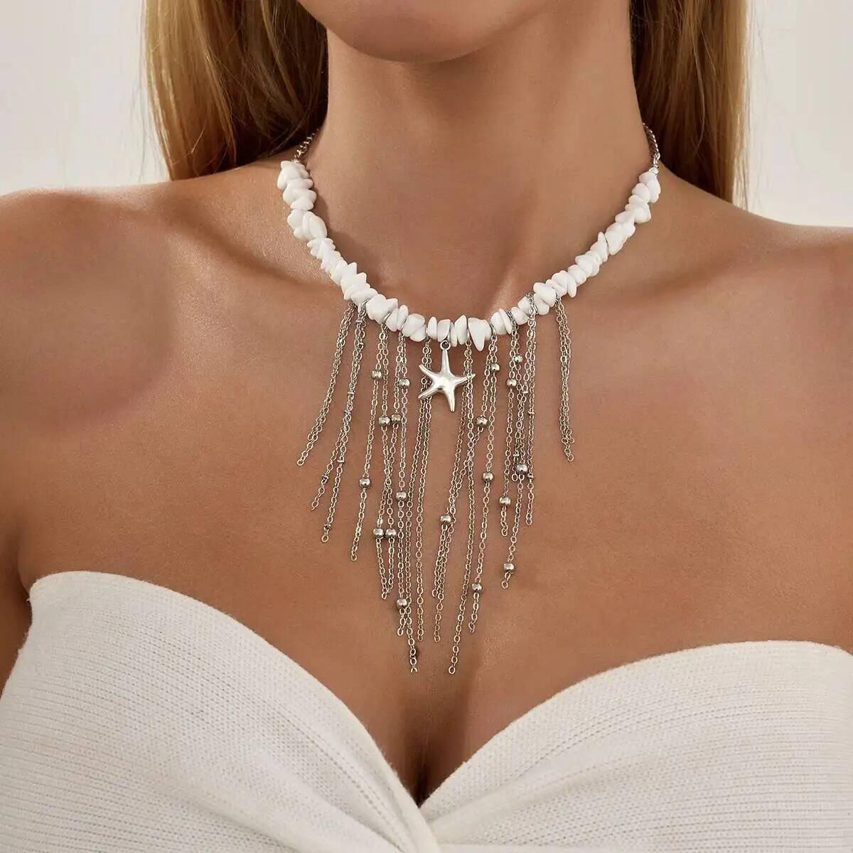 

SHIXIN Boho Starfish Tassel Necklace Pendent Necklace Women Vintage Summer Gravel Beaded Clavicle Chain Party Jewelry 2026 New
