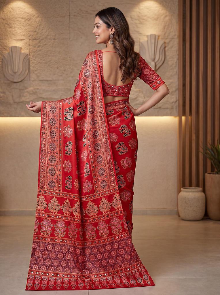 Handcrafted Ajrak Print Manipuri Silk Saree, Real Mirror Work, Traditional Party Wear