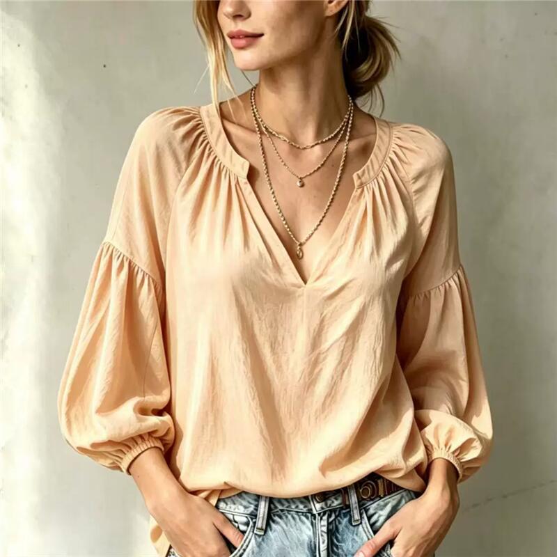 Women's V-Neck Pleated Loose Fit High-End Design Lazy Casual Shirts