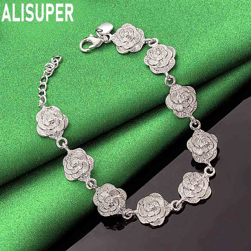 925 Sterling Silver Exquisite 3D Relief Rose Bracelet - Charming Gift Jewelry
