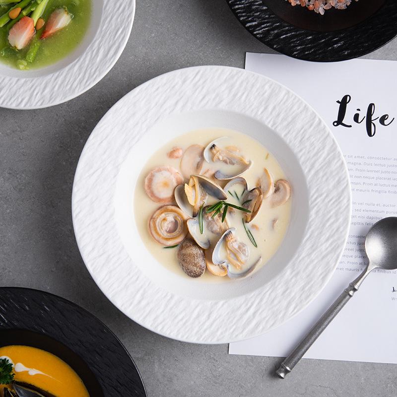 Straw Hat Plate, Pasta Plate, Western Food Vegetable Plate, Luxury White Frosted Black and White