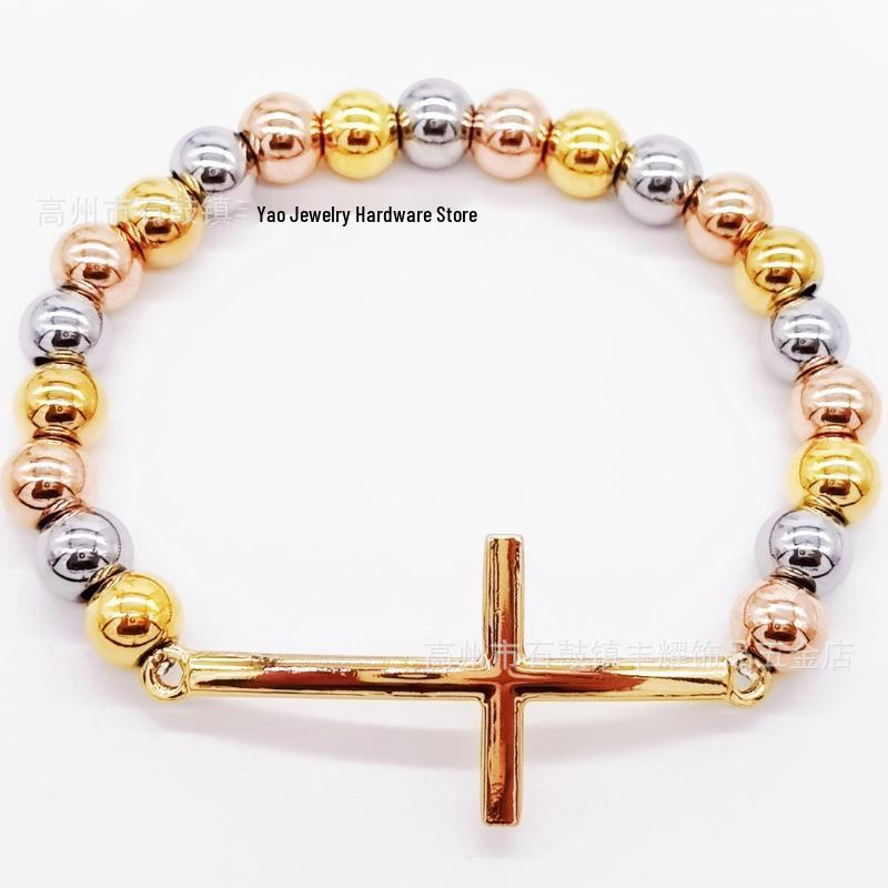 8mm Random Three-Color Bead Stainless Steel Handcrafted Cross Bracelet