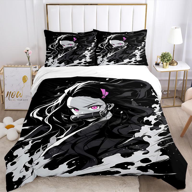 3pcs Kamado Nezuko Printed Quilt Set - Includes 1 Quilt Cover and 2 Pillowcases, Machine Washable - Suitable for All Seasons.H057