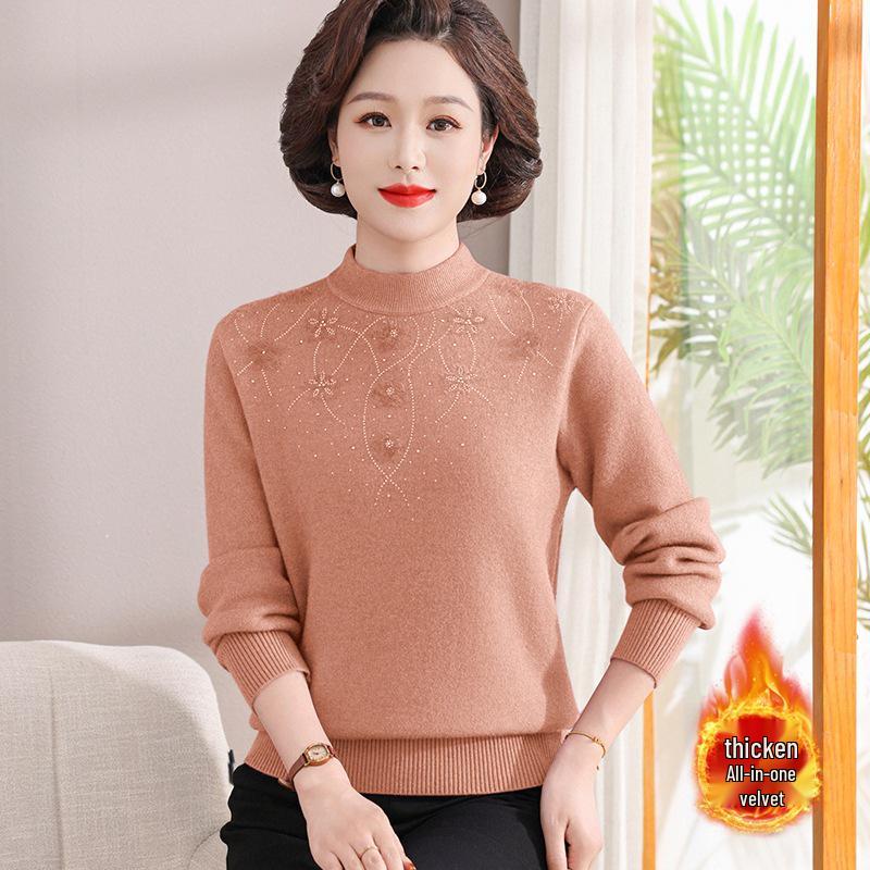 Mom's Velvet One-Piece Winter Base Layer Top for Middle-Aged & Elderly Women - Warm, Plus Velvet, Thick Knit