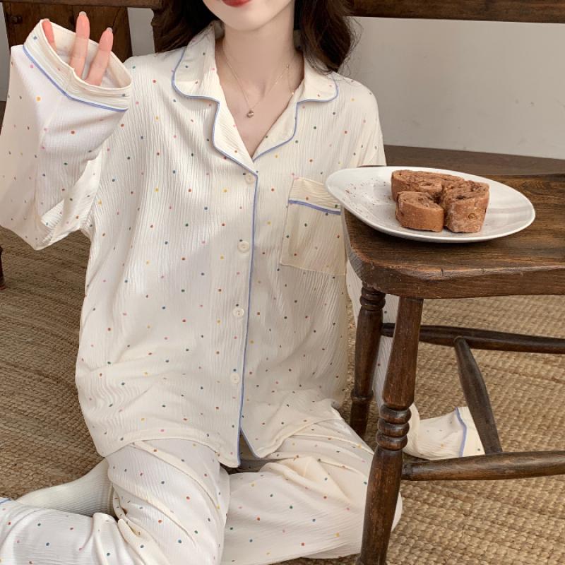 Elegant Sweet Romantic Women's Pajamas Cartoon Print Wrinkled Cloth Sleepwear New Fall Fashion Nightwear