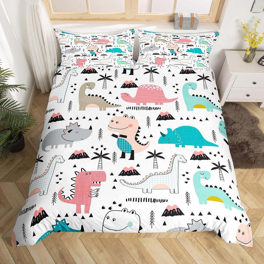 Dinosaur Duvet Cover Set Queen Twin Size,3Pcs Cartoon Dino Print Bedding Set for Kids Boys Room,Soft Microfiber Comforter Cover