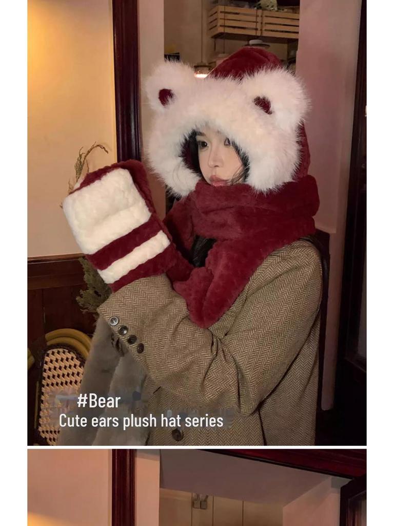 2024 Women's Red Angora Bear Hat with Thick Winter Scarf & Gloves