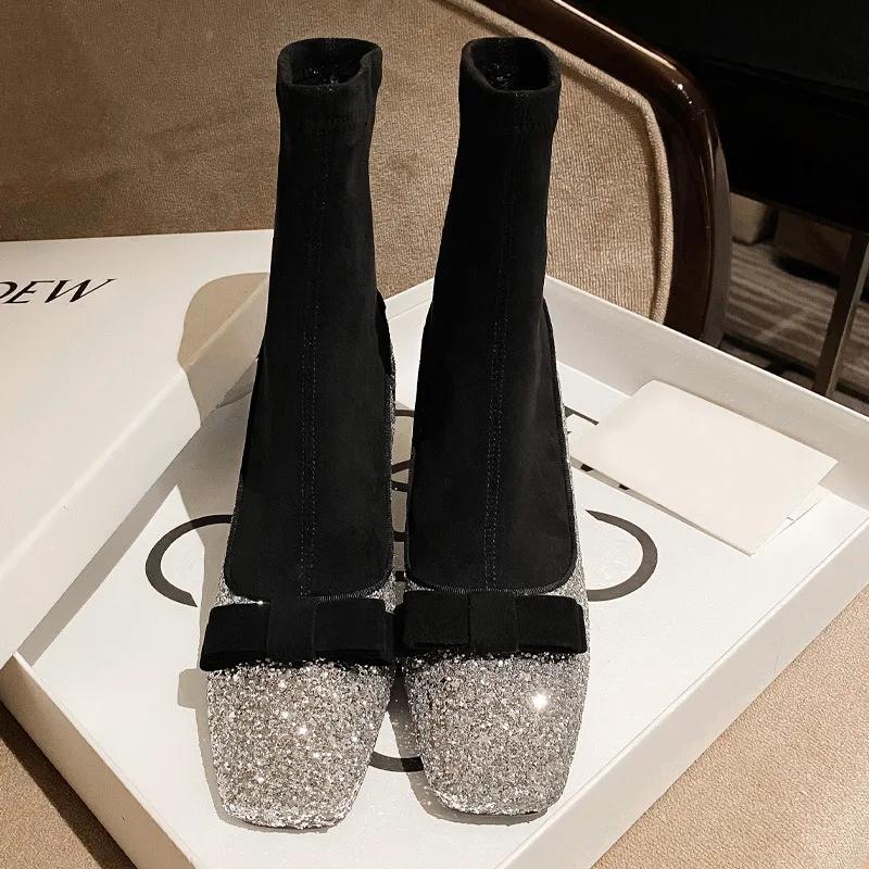 

Fashion Shiny Women Mary Jane Socks Boots Designer Bowknot Slip-on Platform Ankle Boots 2025 New Autumn Thick High Heel Boots 42 срібний