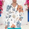 Women Plus Size Long Sleeve Nurse Scrub Top Watercolor Floral Print V Neck With Pockets Casual Medical Workwear For Healthcare Staff