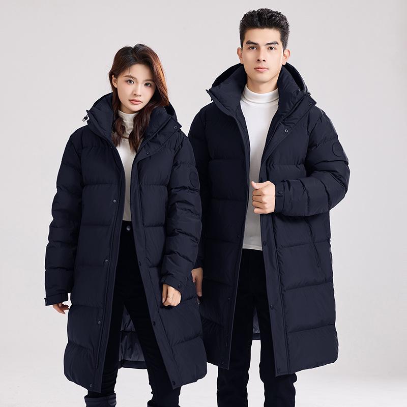 Couple's Long Black Hooded Duck Down Jacket - Thick, High Fill Winter Outerwear