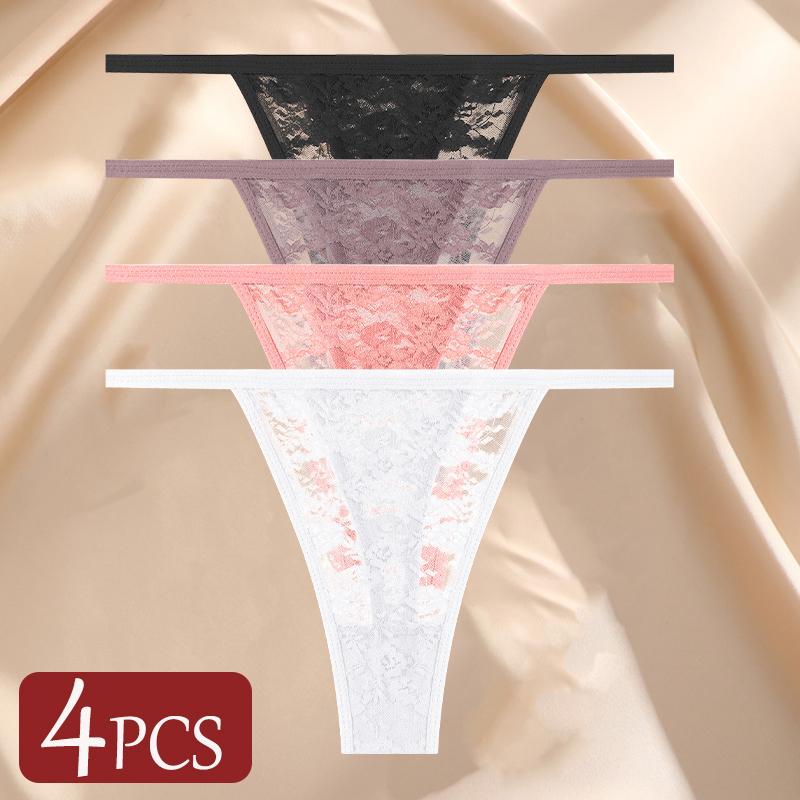 4Pcs/Set Sexy Lace Panties Women Elastic Hollow Out Transparent G-string Thong Female Lace Underpants Perspective Sexy Intimates