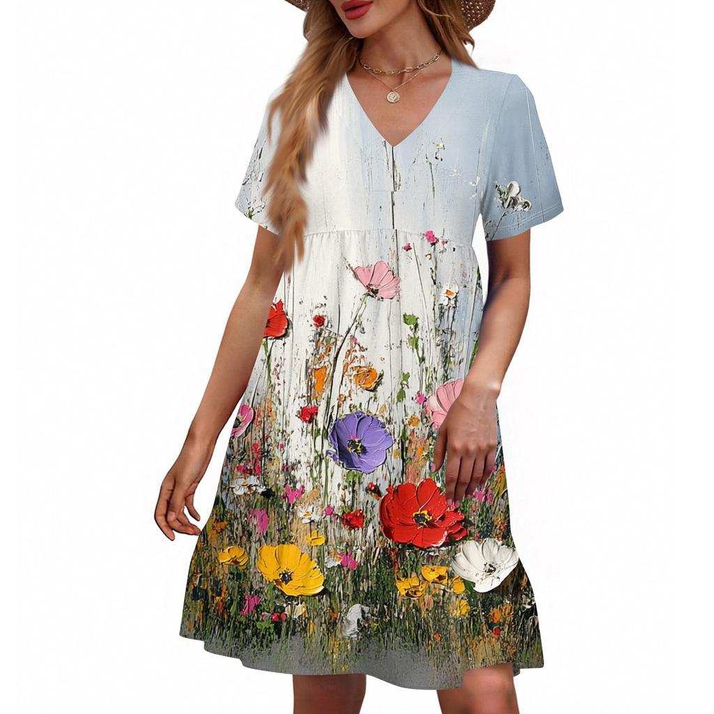 Women's Casual Fashion V-Neck Short Sleeve Floral Print Dress