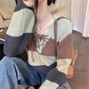 2025 Autumn Hong Kong Style Color Block Lace-Up Striped Knitted Pullover Sweater for Women