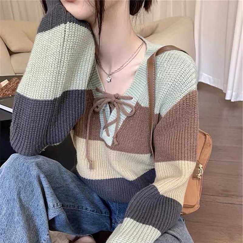 2025 Autumn Hong Kong Style Color Block Lace-Up Striped Knitted Pullover Sweater for Women