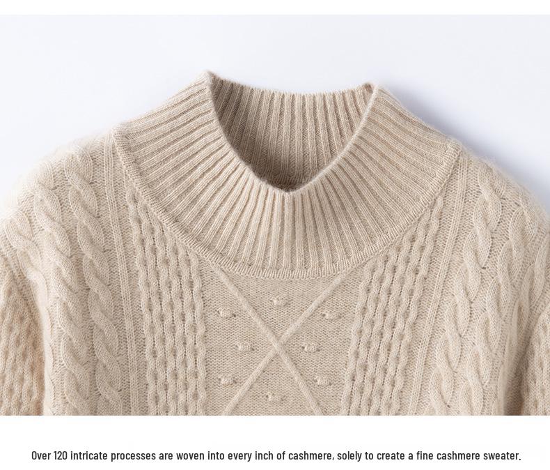 Women's Thickened Cashmere Half-High Neck Diamond Cable Knit Sweater - Long Sleeve Solid Color Pullover