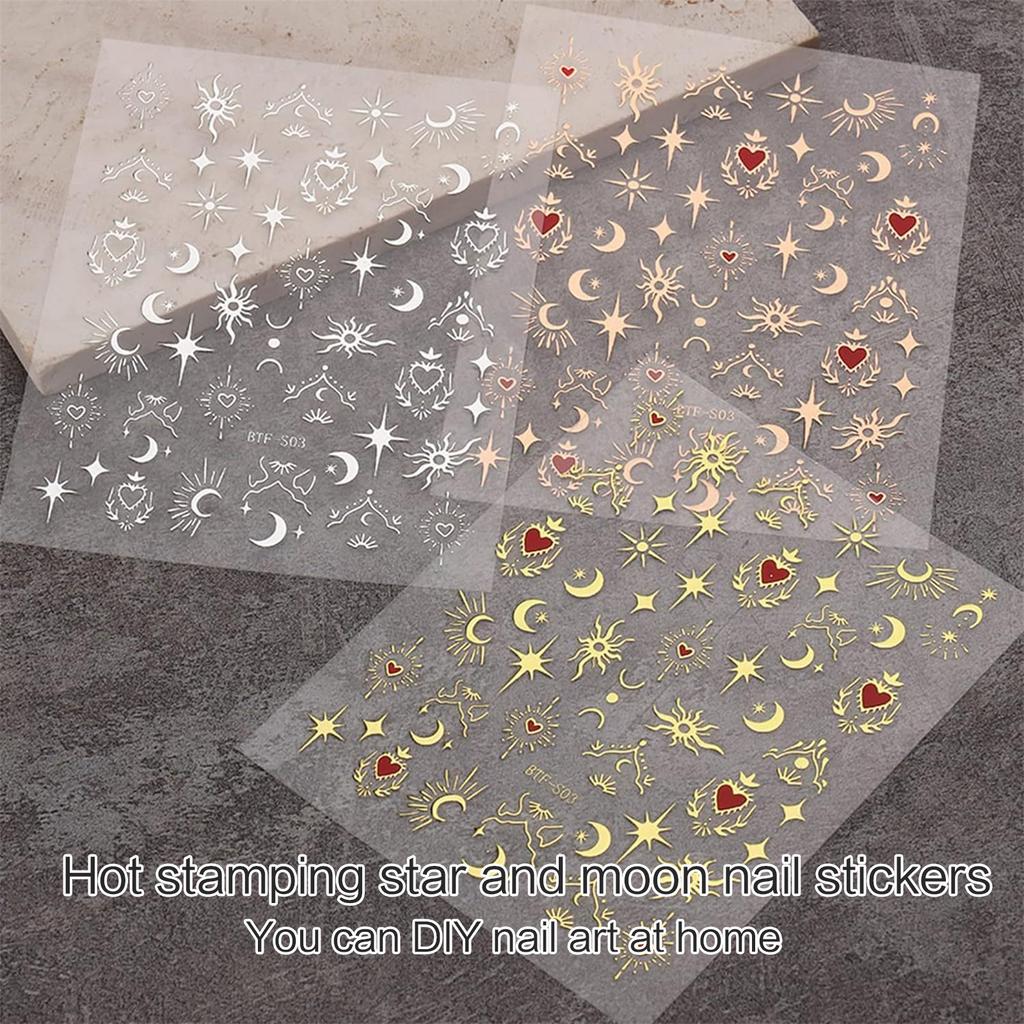 9 Sheets Sun Star Moon Heart Nail Stickers Bronzing Nails Art Stickers 3D Nail Decals Nails Art Decorations for Women