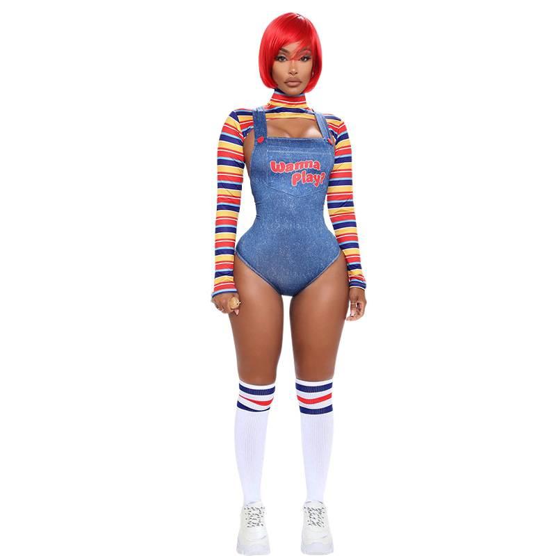 Halloween Chucky Girl Jumpsuit Costume for Scary Party Role Play