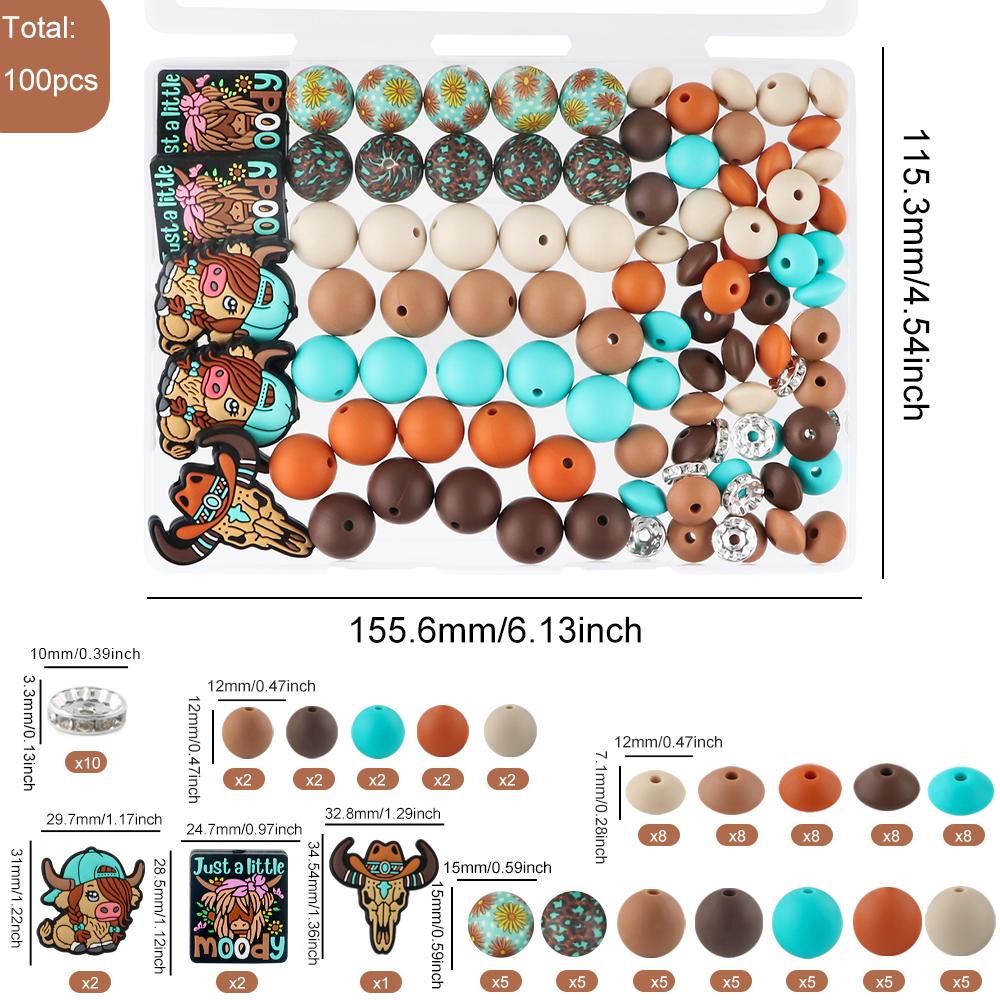 New 100Pcs/Box Yak Cow Silicone Focal Beads Printed Round Lentil Bead Kits DIY Keychain Bracelet Accessories For Jewelry Making