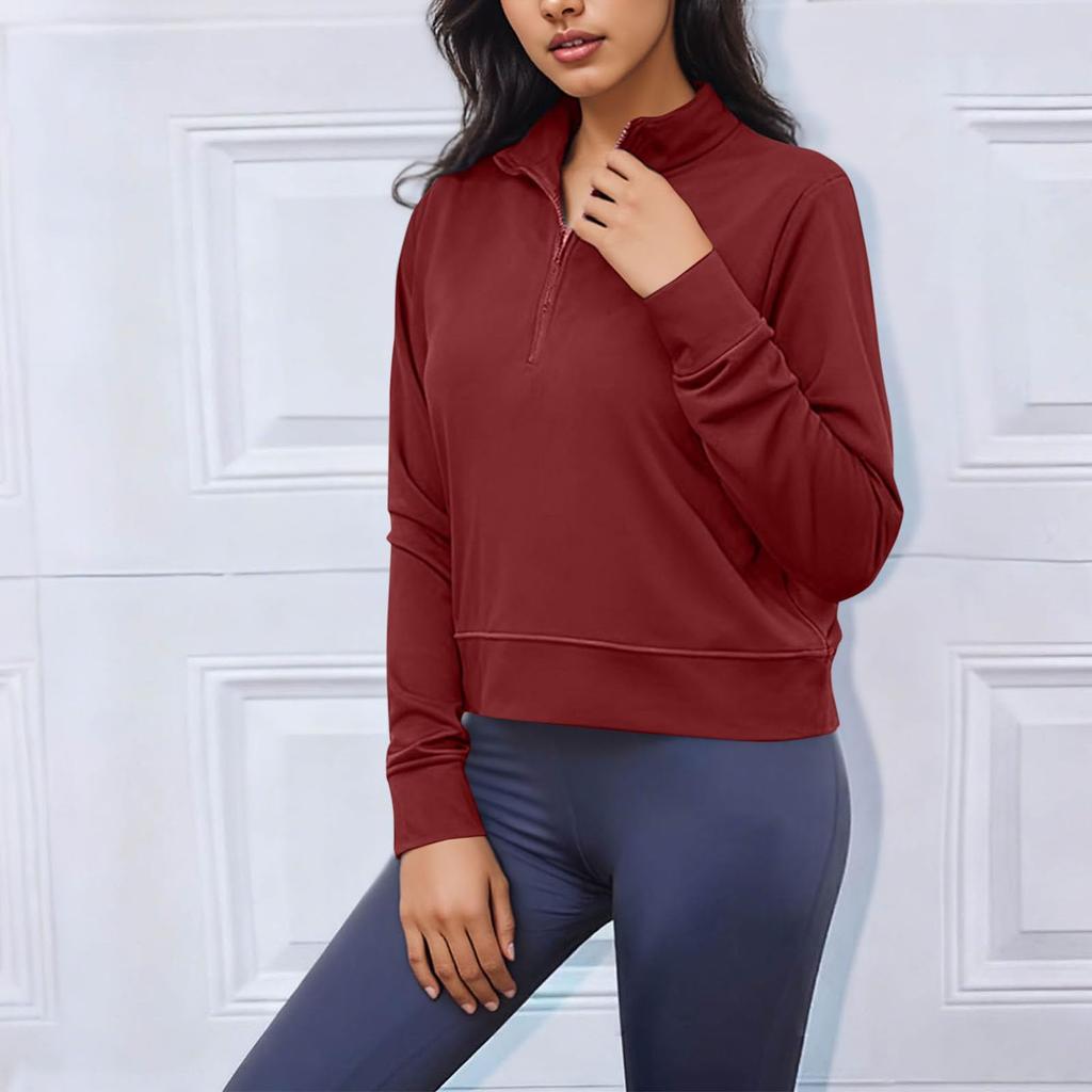Women's Quarter Zip Pullover Sweatshirt Loose Fit Casual Solid Color Long Sleeve Sweatshirt with Ribbed Cuffs and Hem