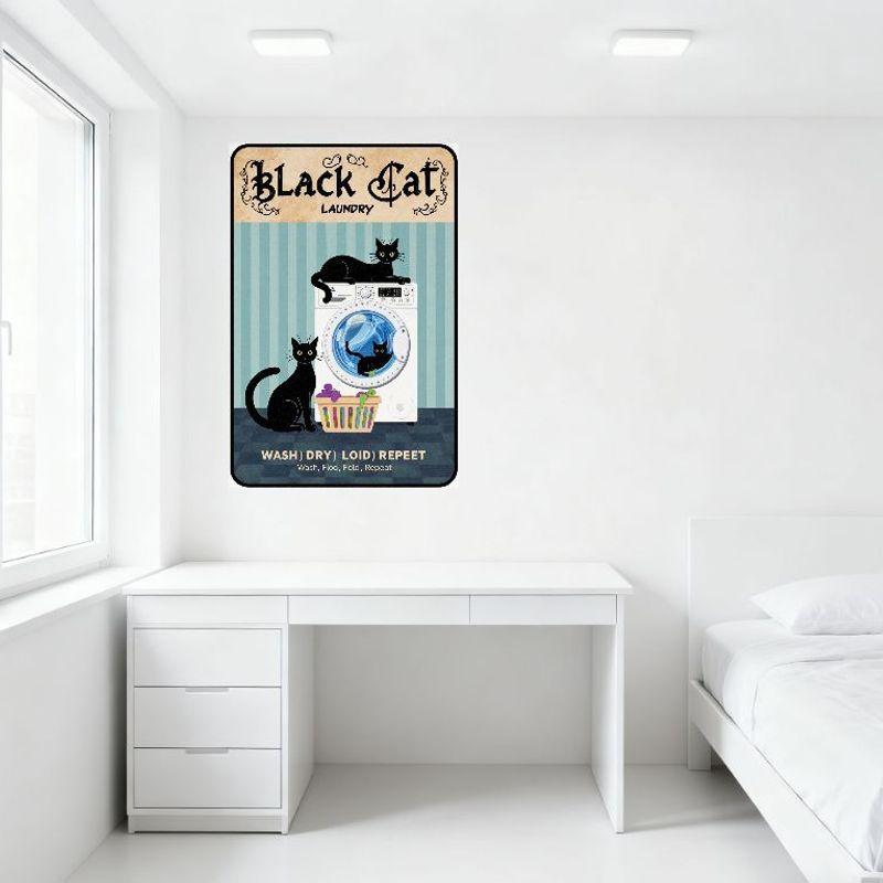 Schwarze Katze Wäsche Metallschild Vintage Skurril Wäscheraum Dekor mit Katzen Waschmaschine Bügeleisen Poster für Zuhause Bar Cafe Wand D