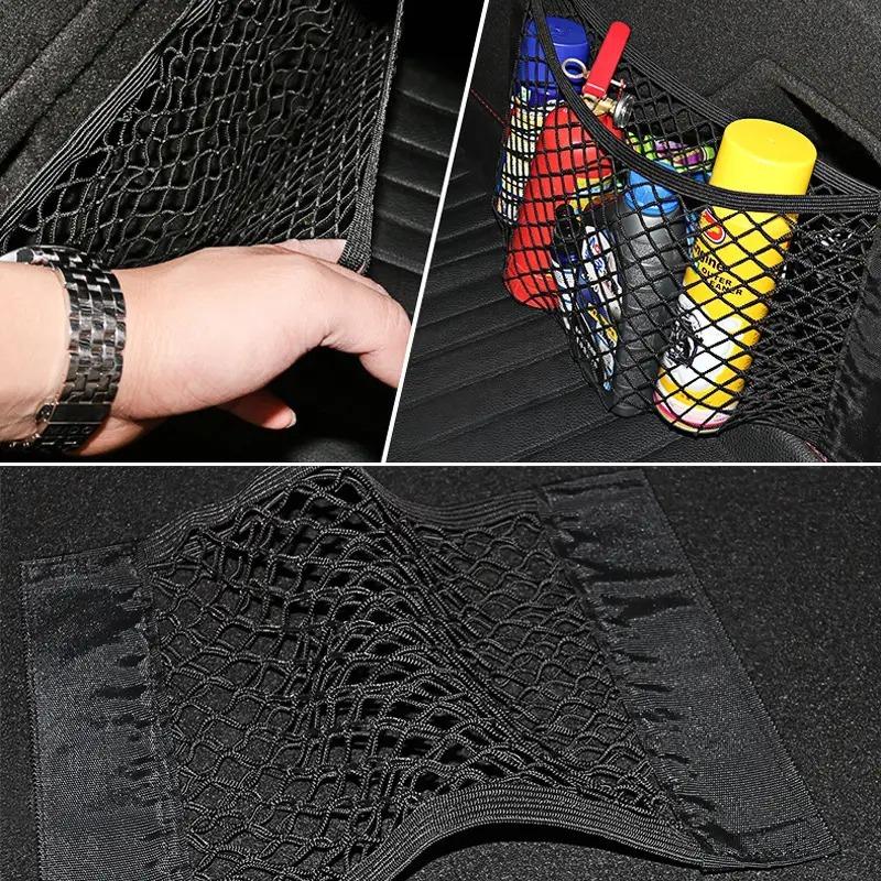 Bolsa de almacenamiento universal para coche, red de doble malla para maletero, bolsa de almacenamiento integrada, red fija para extintor de incendios.