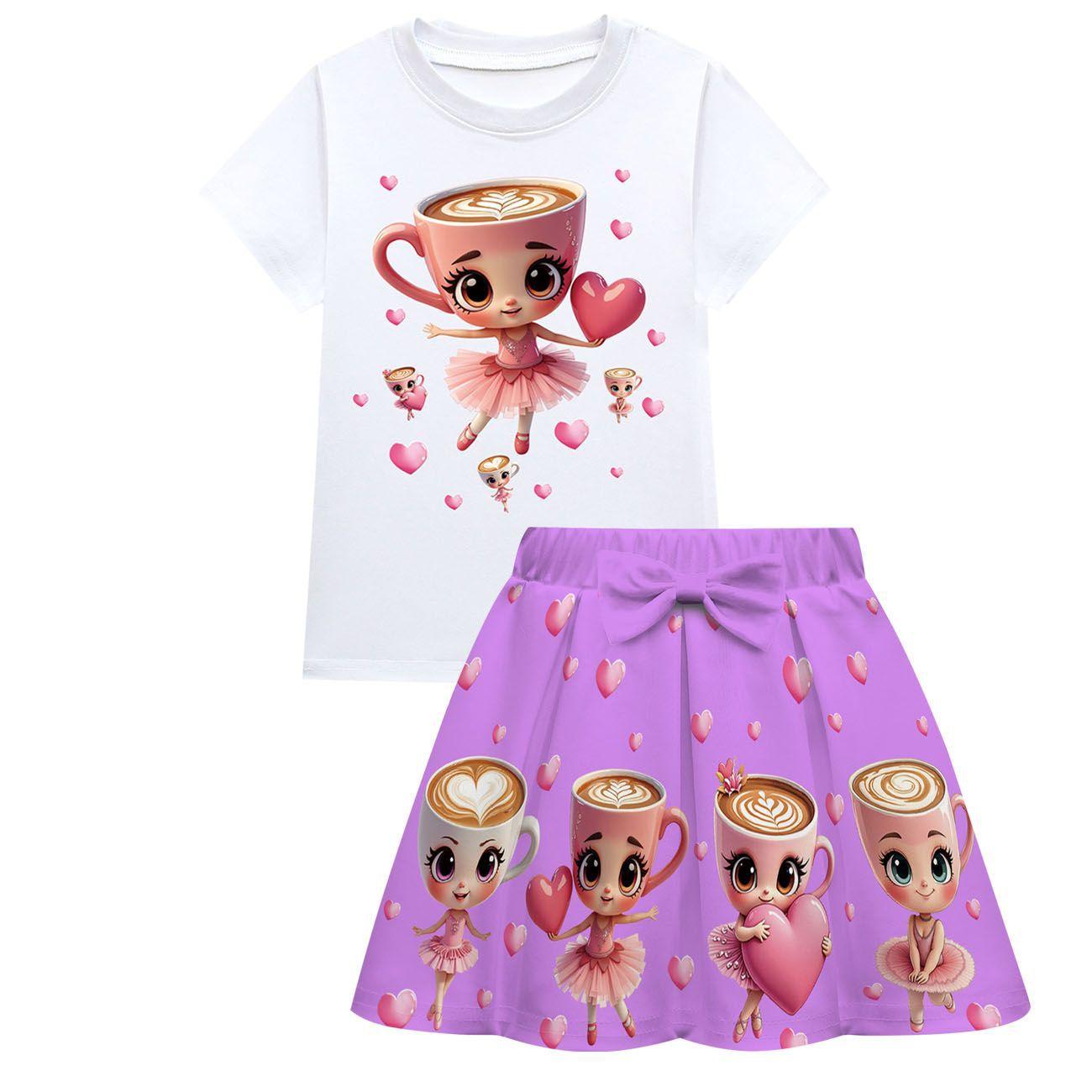 

Children s Comfortable Summer Fashion Cartoon Cute Short Sleeved Pleated Skirt Casual Loose Beautiful Cup Girl Print Set 160 фиолетовый