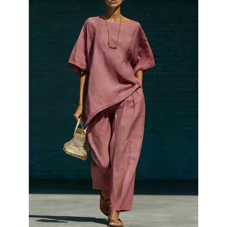 Completo da donna a tinta unita con scollo rotondo, maniche corte e pantaloni a gamba larga, casual, vestibilità larga, tuta estiva