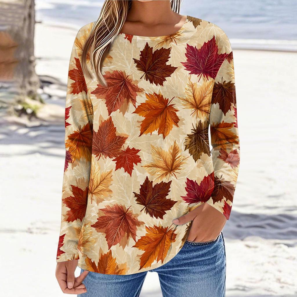 Women's Casual Long Sleeve Blouse with Leaves Print Round Neck Top for Everyday Wear