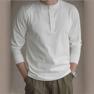 Men's Slim Fit Khaki Henley: 320g Cotton, Long Sleeve, Retro Style for Autumn