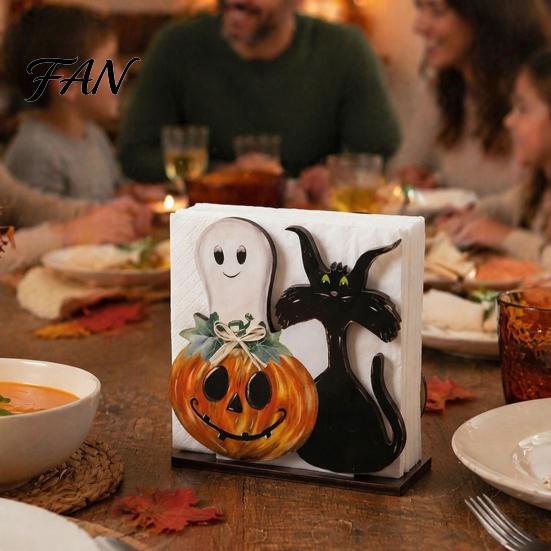 Festive Desktop Storage Ornament Halloween Ghost Wooden Napkin Holder, Cute Paper Towel Decorative Cartoon Tray Stand, Freestanding Tissue Dispenser