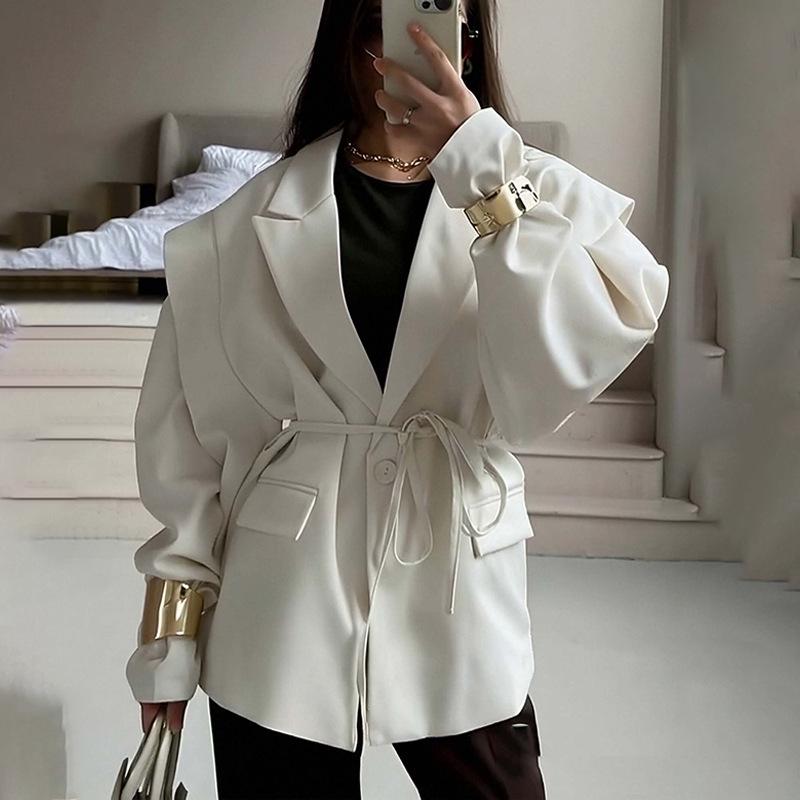 2025 Autumn/Winter European and American Women's Waist-Cinching Lace-Up Loose V-Neck Jacket