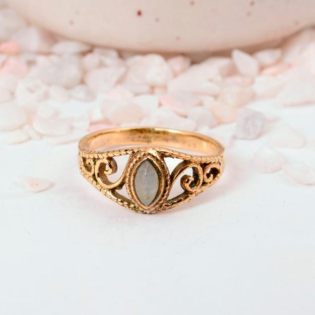 

Labradorite Gold Plated Marquise Ring | Vintage Filigree Brass Jewelry | Mystical Stone Gift for Her 9 золотий