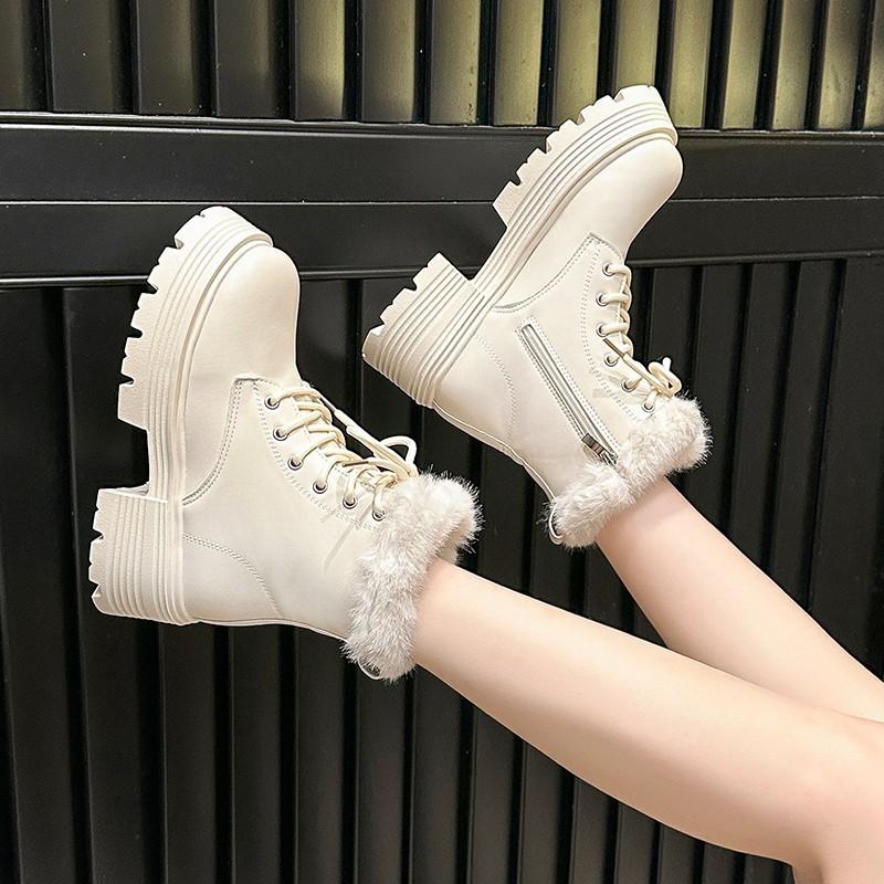 British style thick-soled velvet Martin boots for women's winter new short tube side zipper fashion casual cotton boots for women