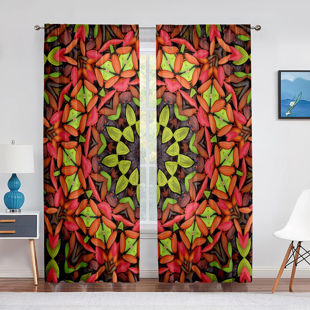 Mandala-Vorhang mit farbenfrohen Blumenmustern, durchsichtiger Voile-Vorhang, Blumen, Bohemian-Boho-Fenster-Tüllvorhänge für Wohnzimmer, Schlafzimmer, Küchendekor