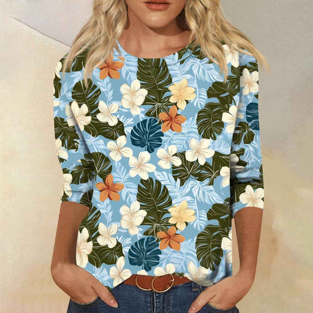 Módní vintage top s 3/4 rukávem pro ženy, dámská ležérní halenka s tříčtvrtečním rukávem a kulatým výstřihem s potiskem