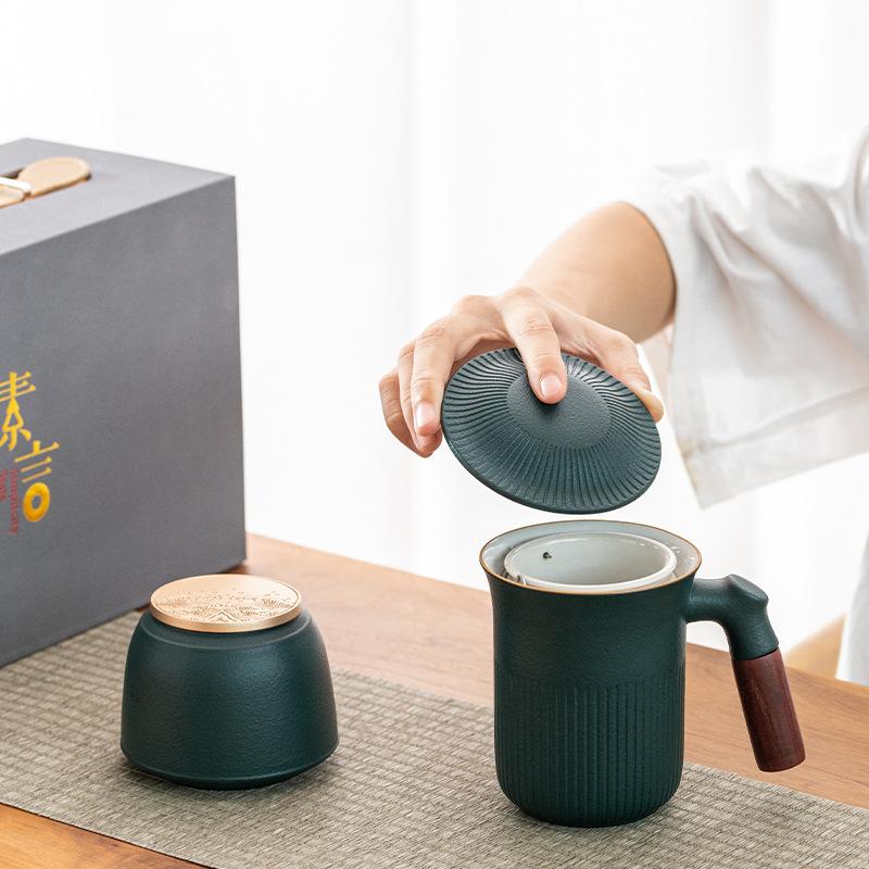 Office Wooden Handle Ceramic Water Cup Mug Chinese Tea Separation Tea Cup Gift