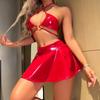 European & American Patent Leather Halter Neck Sexy Lingerie Set with Hollow Short Skirt
