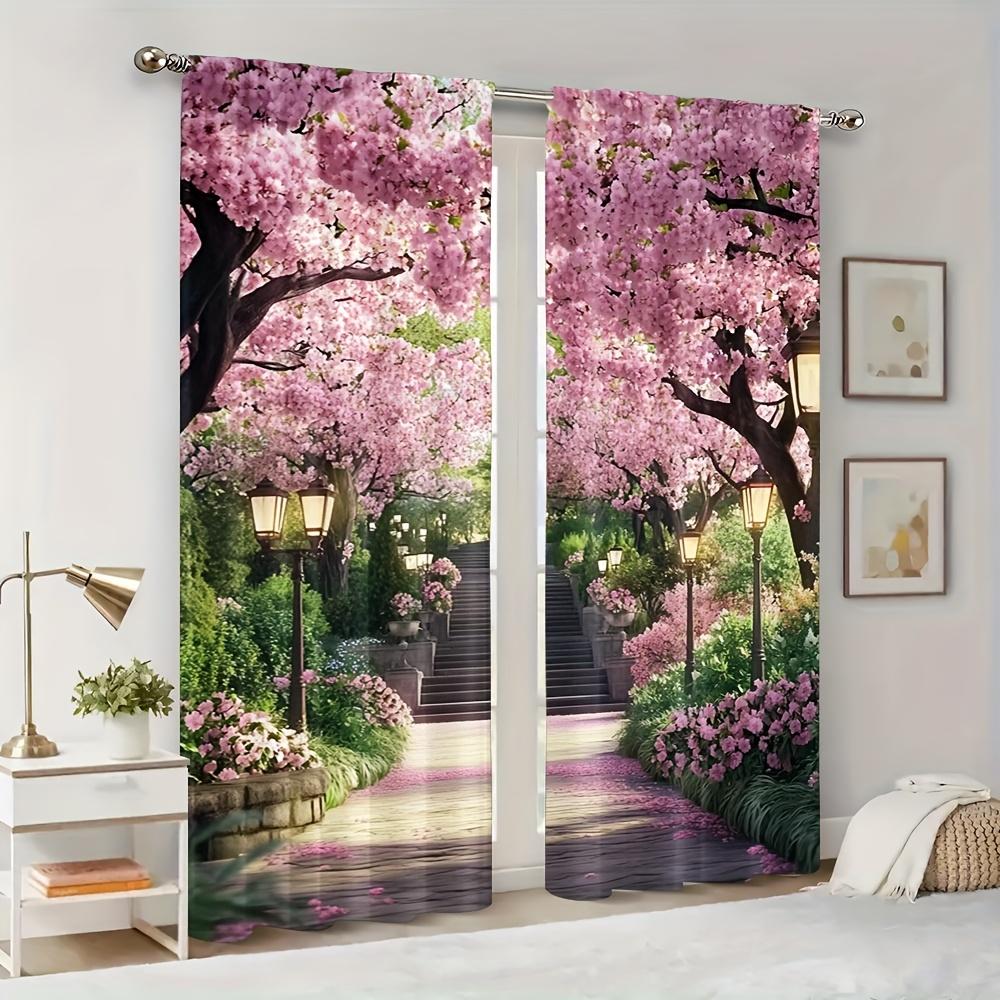 Set Of 2 Charming Spring Cherry Blossom Trail Polyester Easy Hang Design Ideal Living Rooms Bedrooms Curtains Made Sitting Room Window Treatment