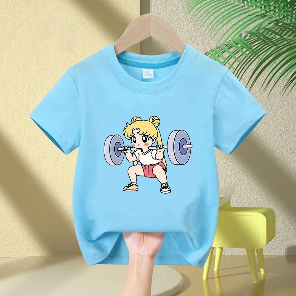 Sailor Moon Lifting Iron Fitness Kids TShirt Cotton Girl Children ParentChild Summer Cute Sweet Fun Short Sleeves Top