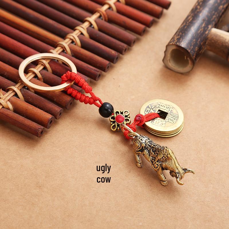 Three-Dimensional Brass Zodiac Keychain with Five Emperors Coins - Birth Year Ornament Gift