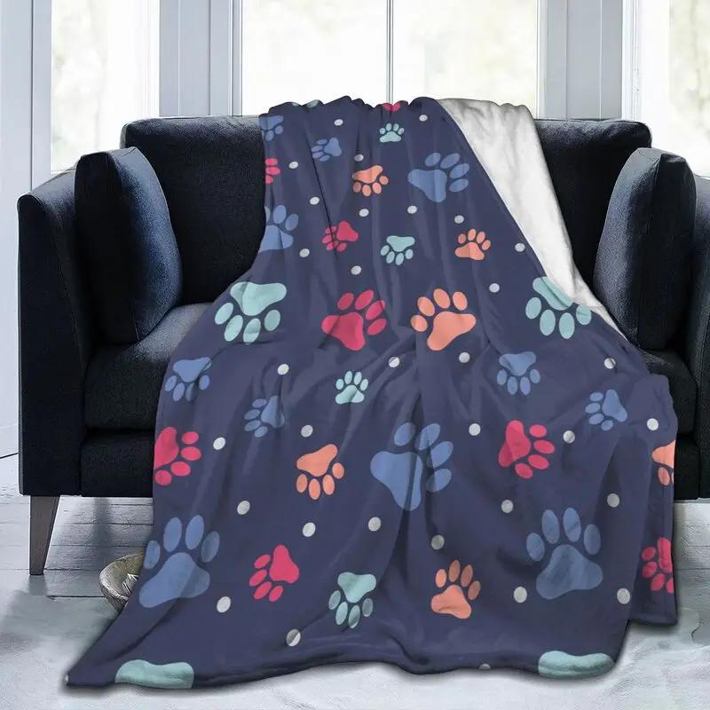 Dog Paw Print Flannel Fleece Throw Blanket for Bed Sofa Travel Camping Lightweight Soft Warm Cozy Plush Blankets for All Seasons
