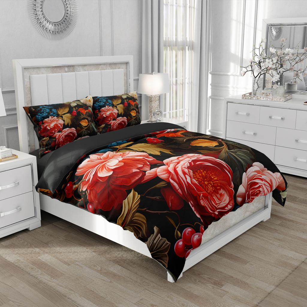 Vintage Rose Bedding Set Red Flower Duvet Cover Set Queen/King Size 240x220cm 260x220, Microfiber Fabric Bed Linen - Breathable